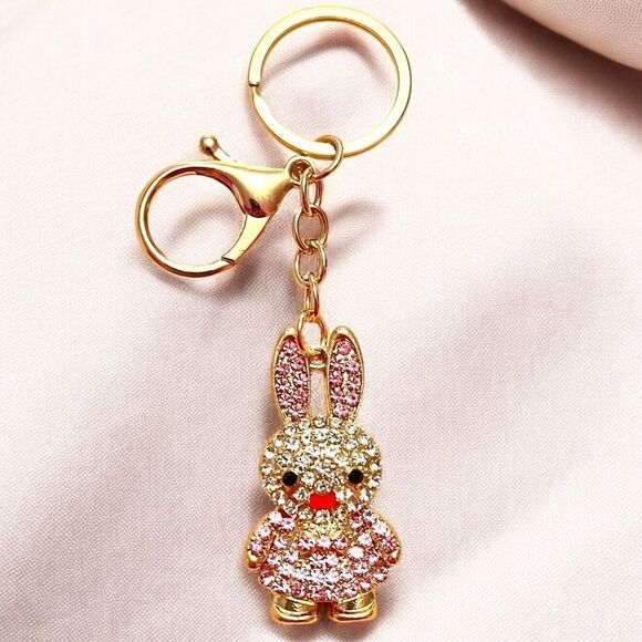 White and Pink Rhinestone Bunny Gold Tone Keychain - Picture 1 of 3